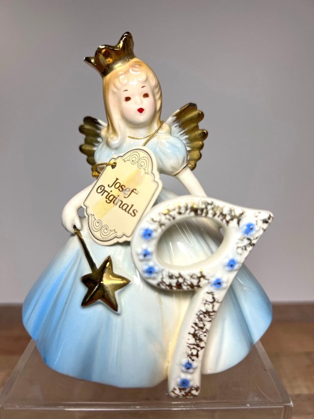Josef Originals Angel Figurine Blue Dress Age 9 Keepsake Vintage Ceramic